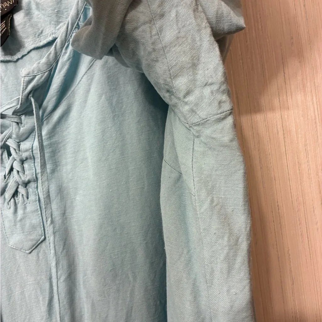 Lane Bryant Plus 22/24W Linen Rayon Peasant Blouse Top Seafoam Aqua Tie Neck - Image 6
