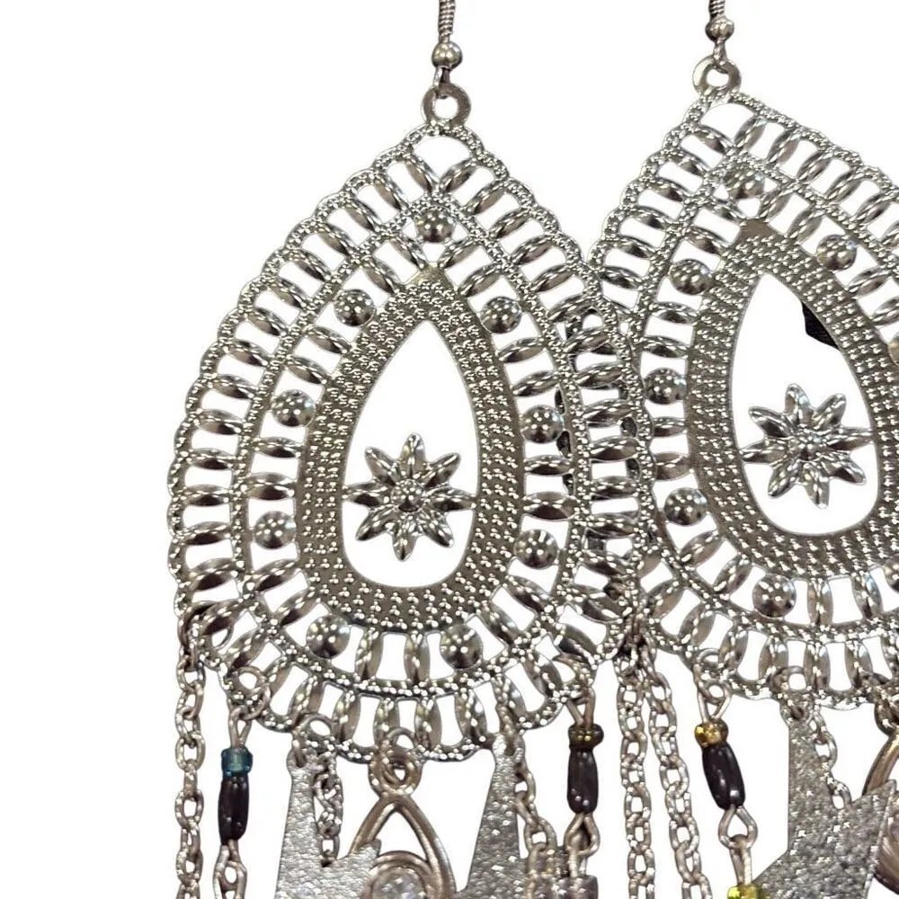 Silver Teardrop Filigree Yellow Black Beads Long Earrings Chain Fringe Stars NWT - Image 2