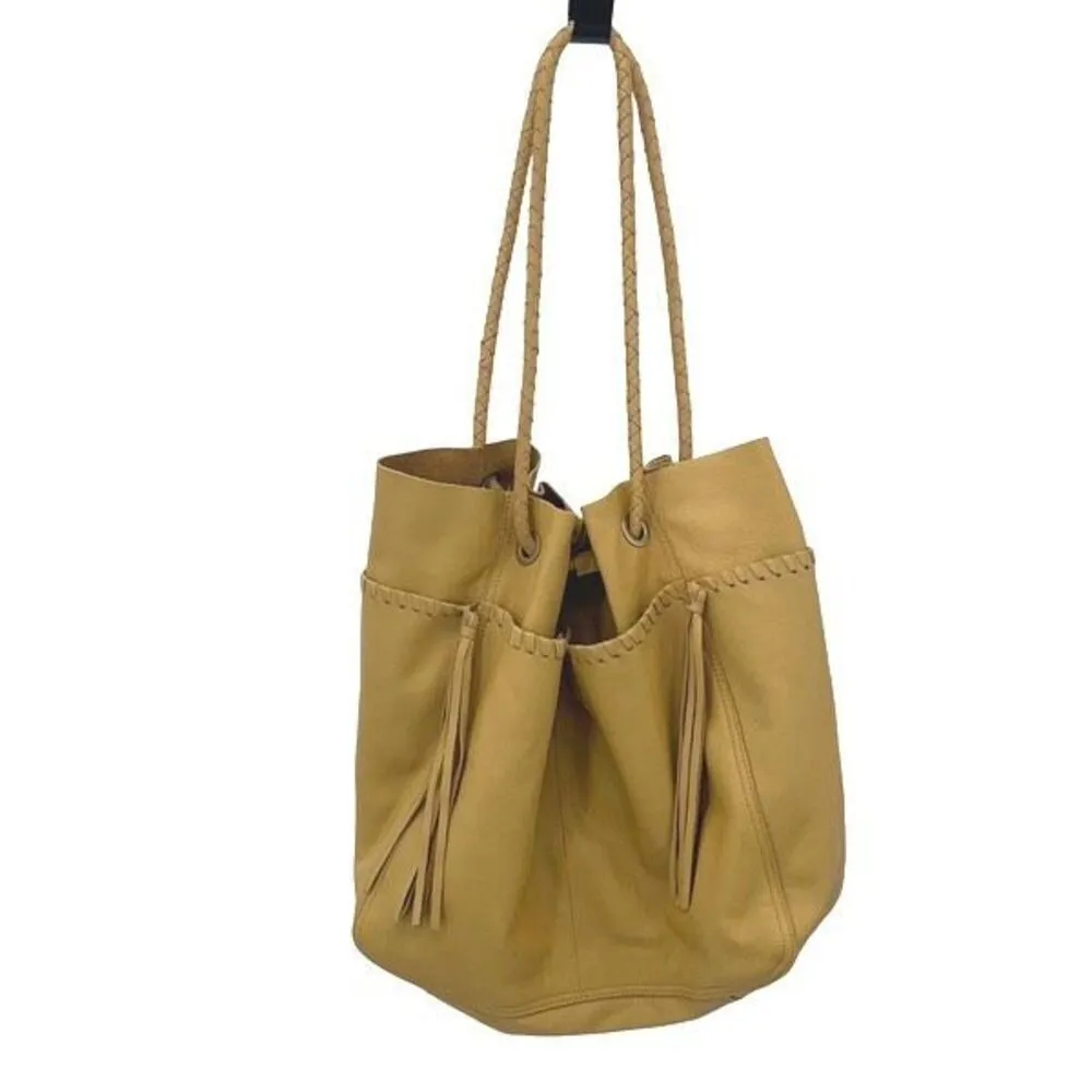 Free People Womens Jolene Cow Leather Fringe Woven Strap Tote Handbag Yellow Tan - Image 2