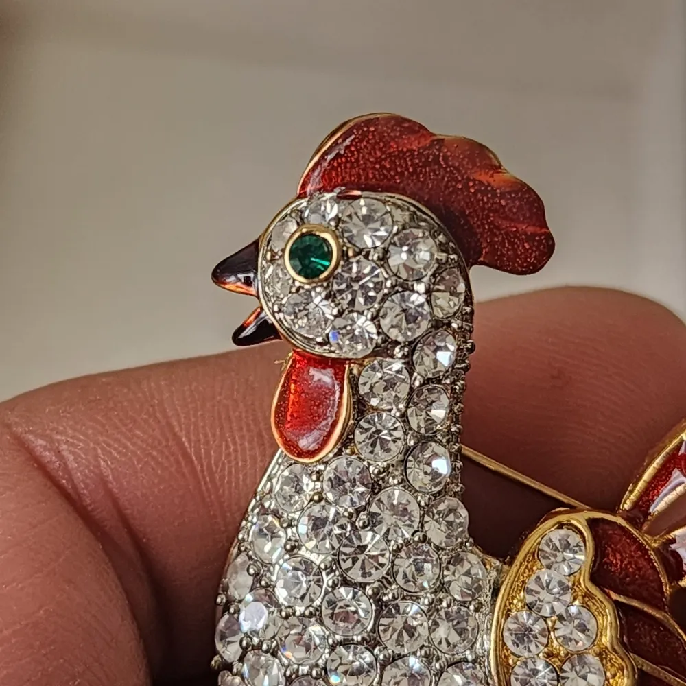 Gold with Clear Crystals and Red Enamel Red Enamel Rooster Brooch Pin - Image 2
