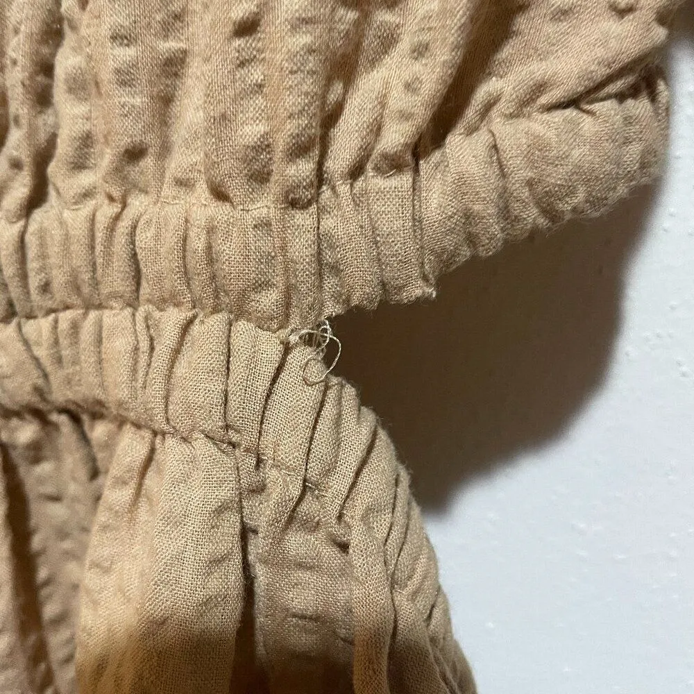 NEW Madewell Size M Seersucker Puff Sleeve Cutout Mini Dress Tan Button Back - Image 7