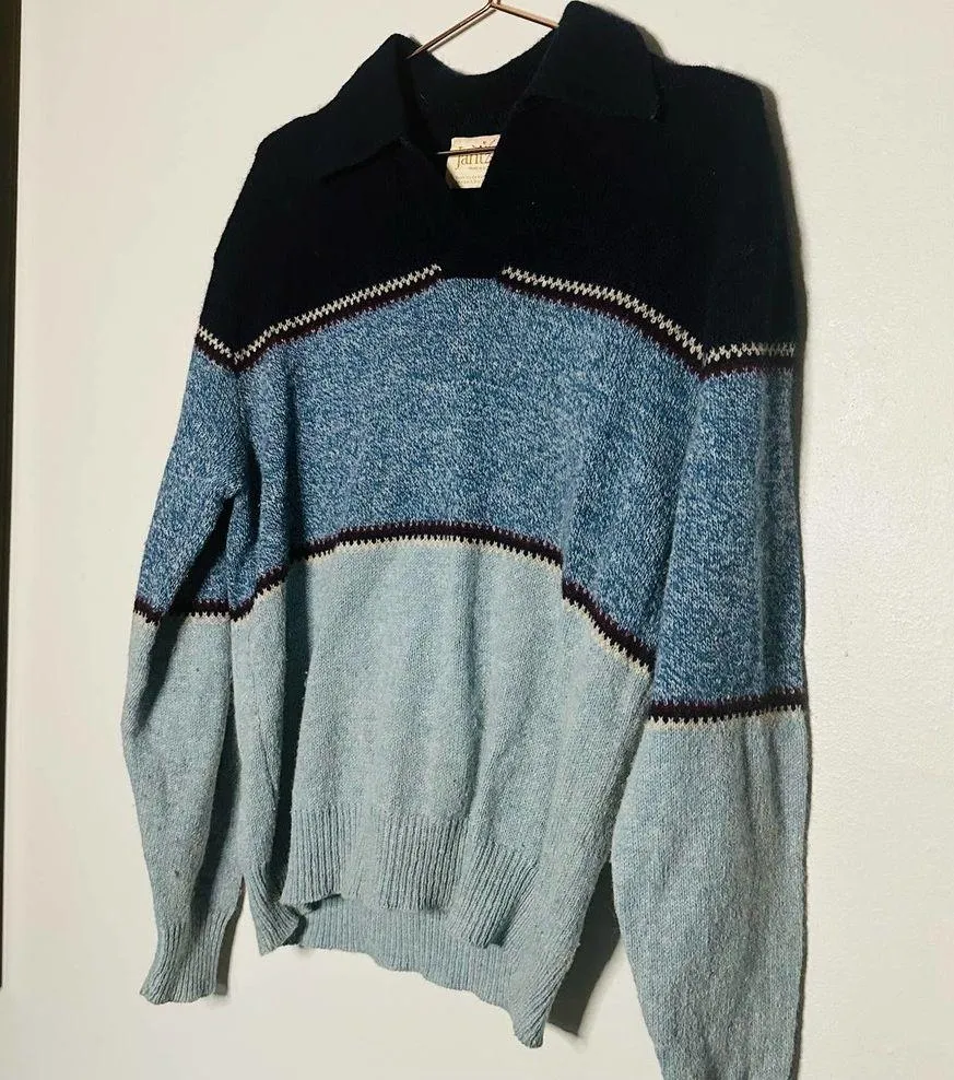 Vintage 70s Jantzen Blue Colorblock Collar Sweater size Medium - Image 2