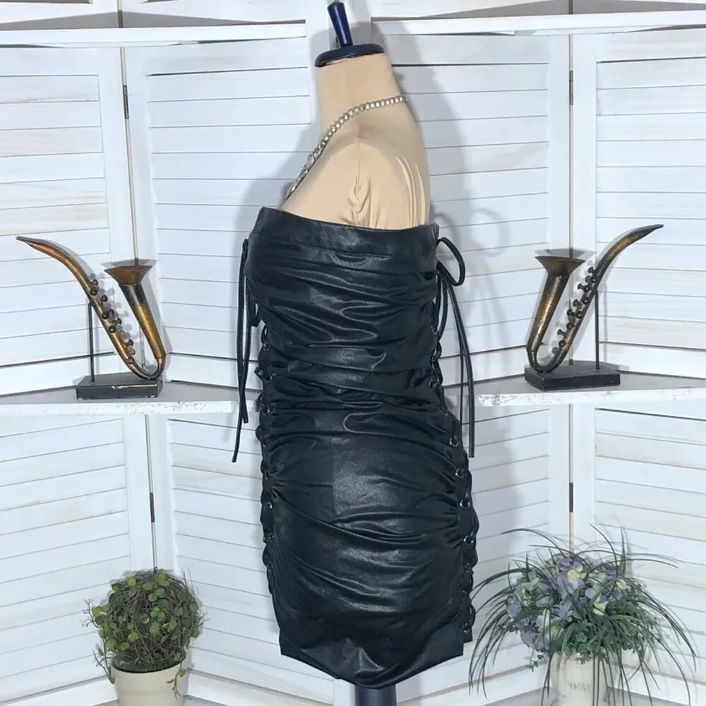 Forever 21 Black Faux Leather Lace Up Corset Mini Dress S - Image 14