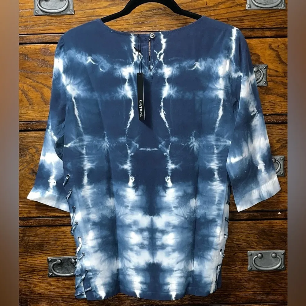 NWT! Gypsy 05 100% Silk Lace Up Tie Dye 3/4 Sleeve Blouse 17” P2P - Image 7