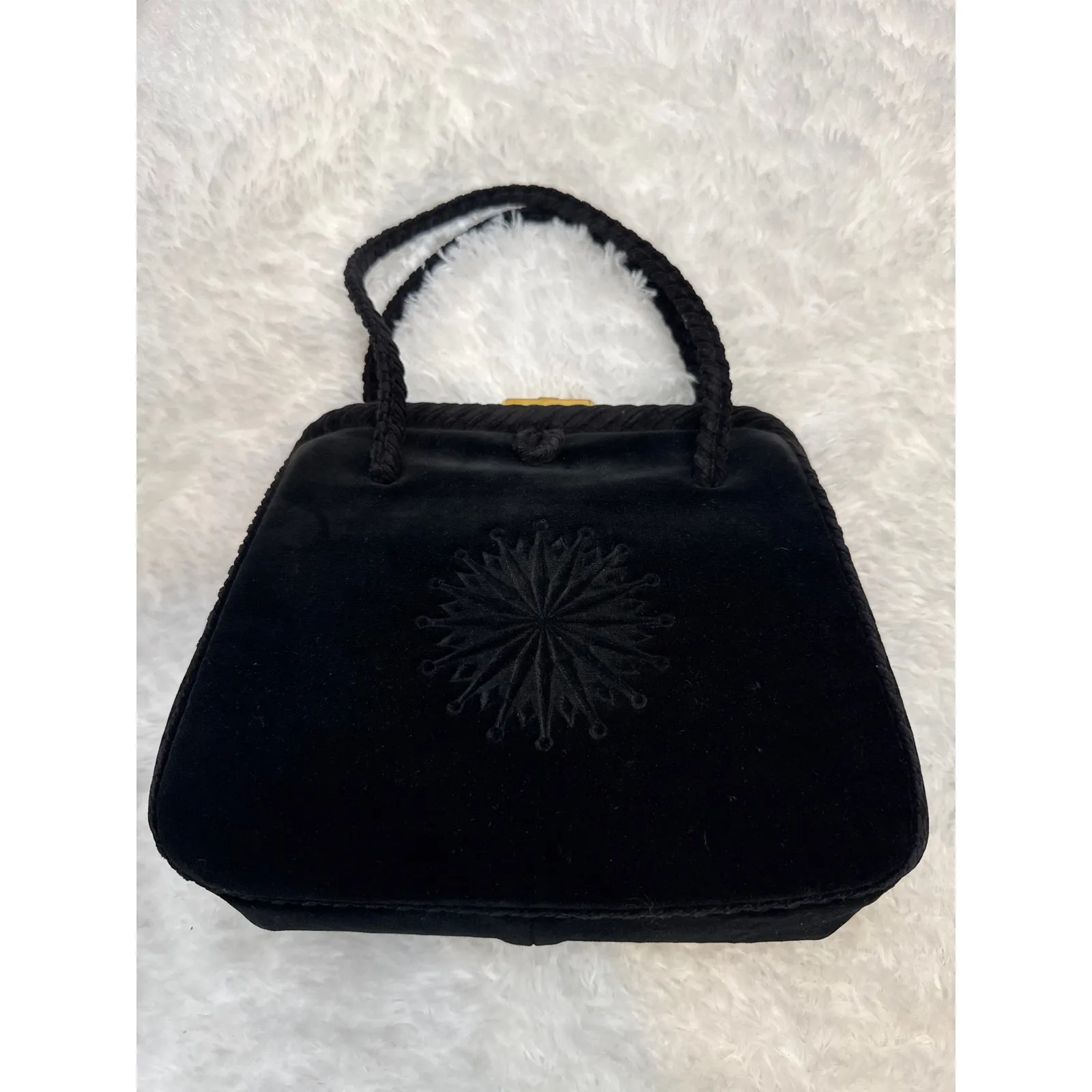 OOAK 1950s Black Velvet Evening Bag w/ Starburst Embossed brass lock top handle - Image 6