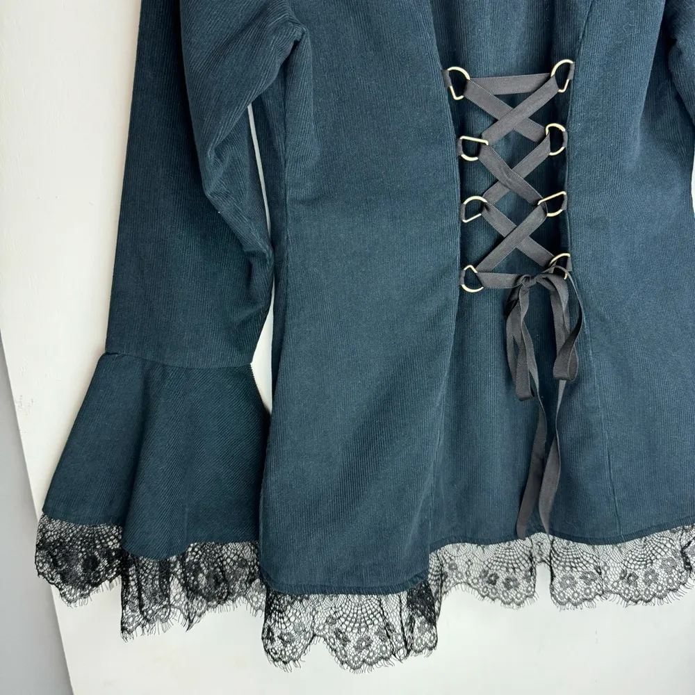 The Pyramid Collection Corduroy Corset Lace Up Jacket Sz Small Lace Trim Black - Image 16