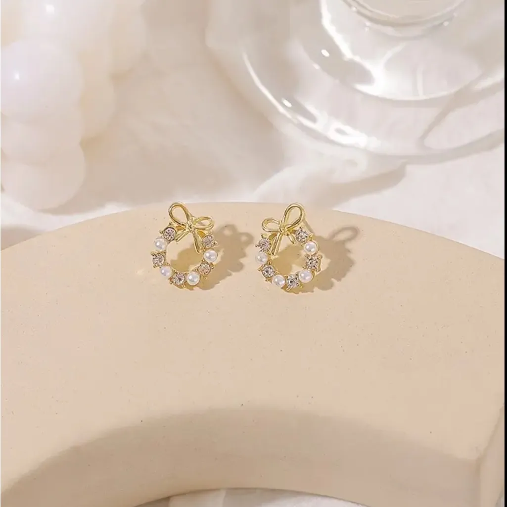 Wreath Bohemian Imitation Zirconia & Pearl Style Bowknot Fashion‎ Stud Earrings Gold - Image 12