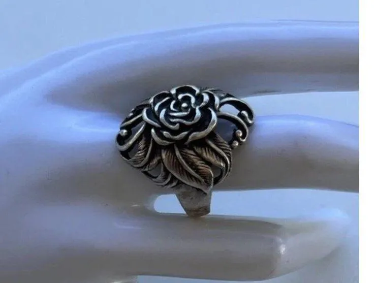 Vintaghe 925 Sterling Silver Carved Rose Flower Ring size 10 Signed Stamped - Image 6