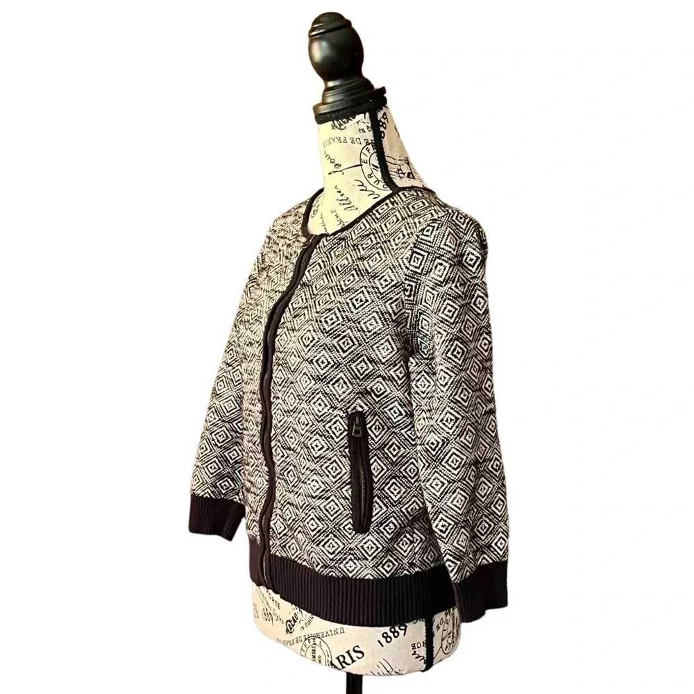 Lucky Brand Geo Knit Full Zip Sweater Bomber Black Beige Ribbed Size S Tribal - Image 3