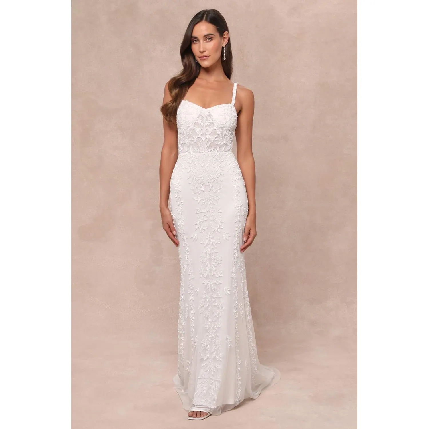 NWT Lulus Momentous Love White Beaded Bustier Mesh Mermaid Maxi Dress Bride XS - Image 4