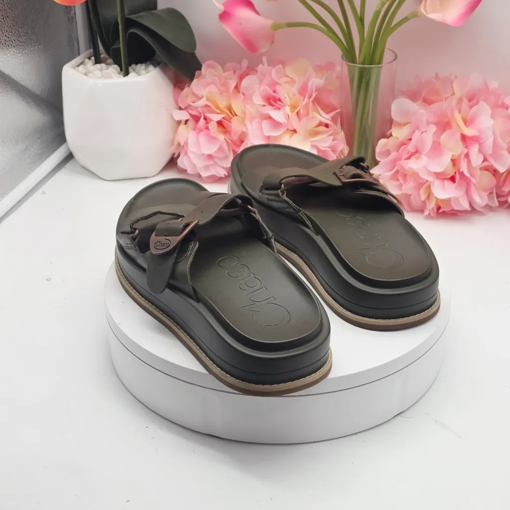 Chaco Townes Slide Midform Leather Platform Sandals In Green Olive Night Size 10 - Image 4