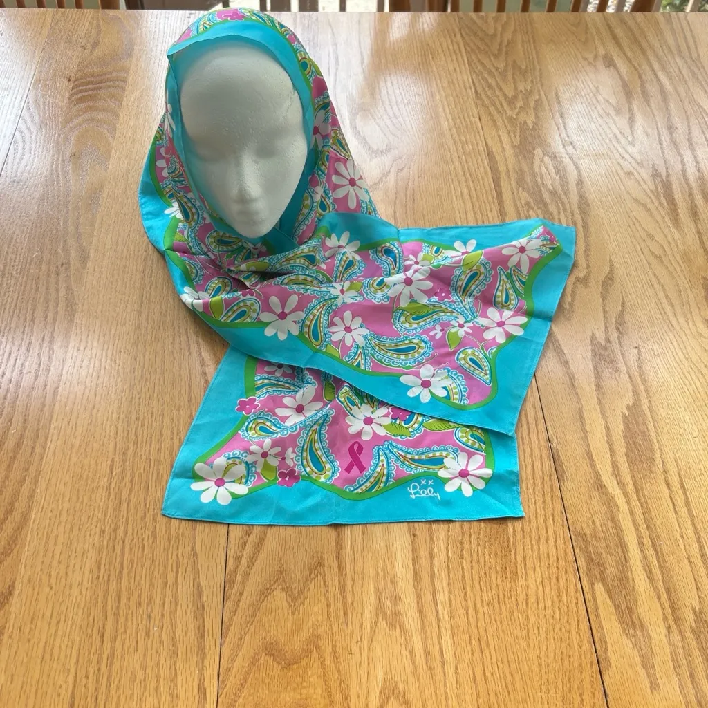 Lilly Pulitzer x Ford 100% Silk Scarf Breast Cancer Awareness Floral Paisley 55" Blue - Image 8