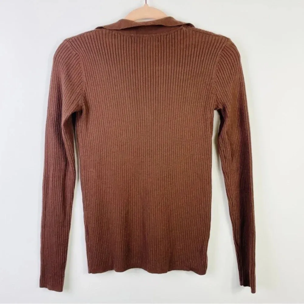 Kate Kasin‎ Brown Polo Sweater Lightweight Knitwear V Neck Short Sleeves - Image 6