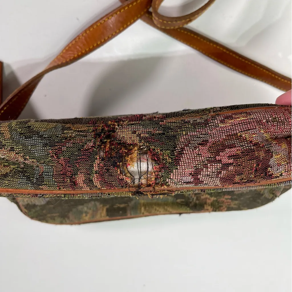 Vtg. Polo Ralph Lauren Green Tapestry Leather Shoulder Crossbody Bag Tag Charm - Image 8