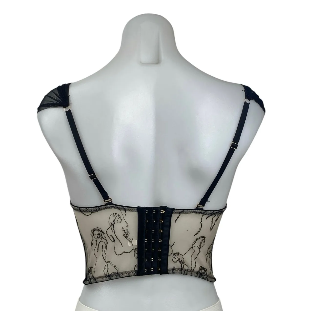 Women's Beige Black Mesh Corset Bustier Cap Sleeve Lady Stitch Crop Top Size S - Image 4