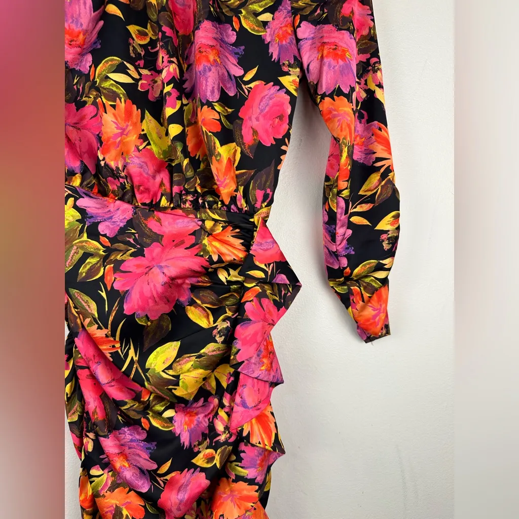 For Love and Lemons Dakota Black Floral Satin Long Sleeves Ruffle Dress Sz XXS - Image 4
