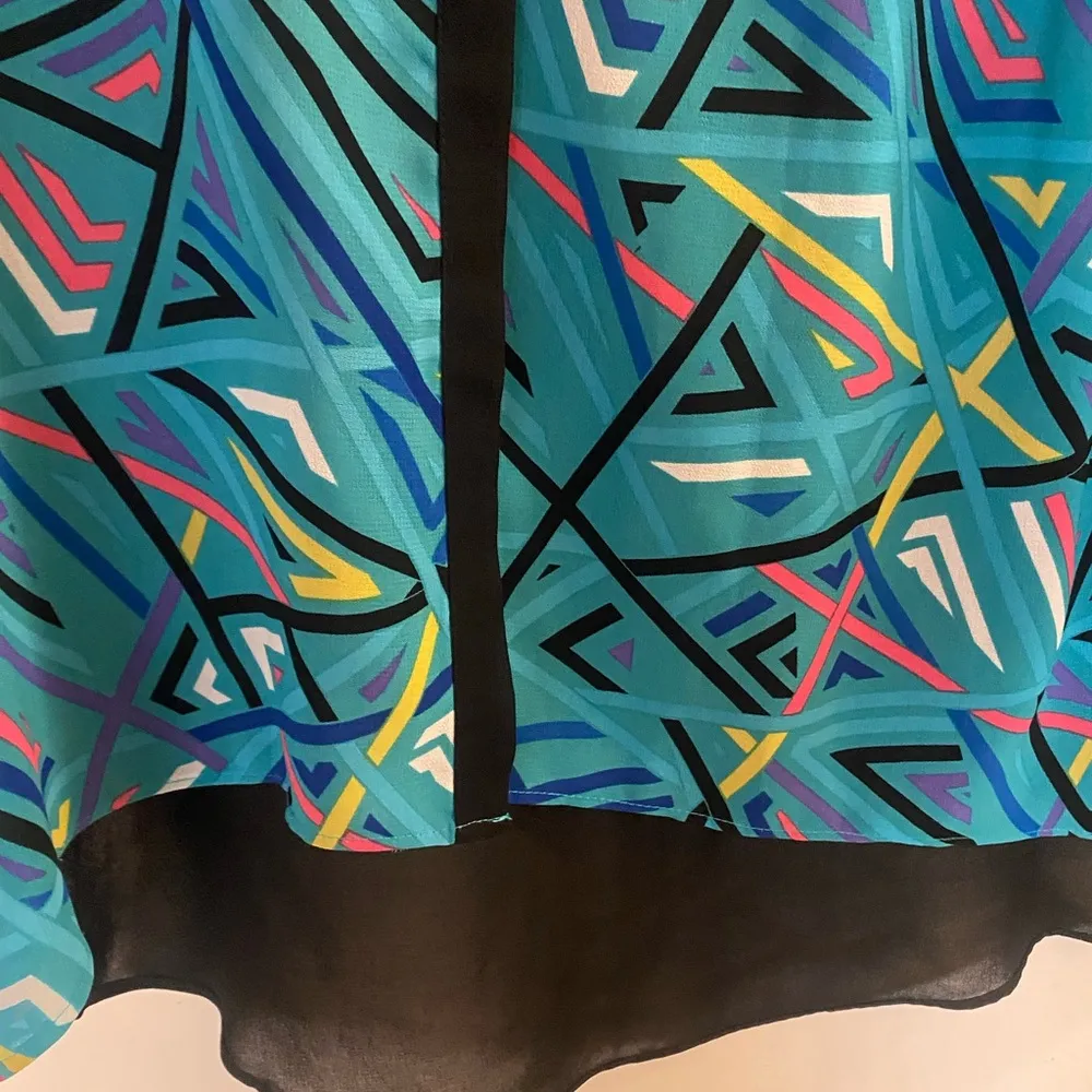 Nicole Miller Womens Sheer Blouse M Medium Black Teal Blue Pink Yellow Abstract - Image 4