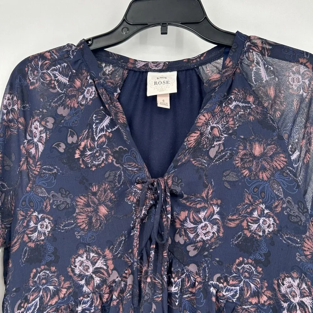 Floral Boho Top Blue Pink Chiffon Flowy Long Sheer Balloon Sleeve Sz S - Image 2