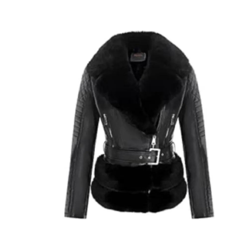 Fur Trim Biker Jacket Black Size L - Image 2