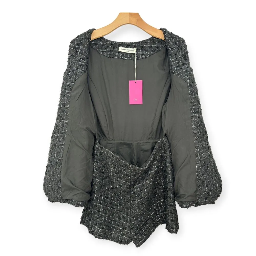 Amanda Uprichard | NWT | M | Long Sleeve Black with Silver Luxe Tweed Kya Romper - Image 8