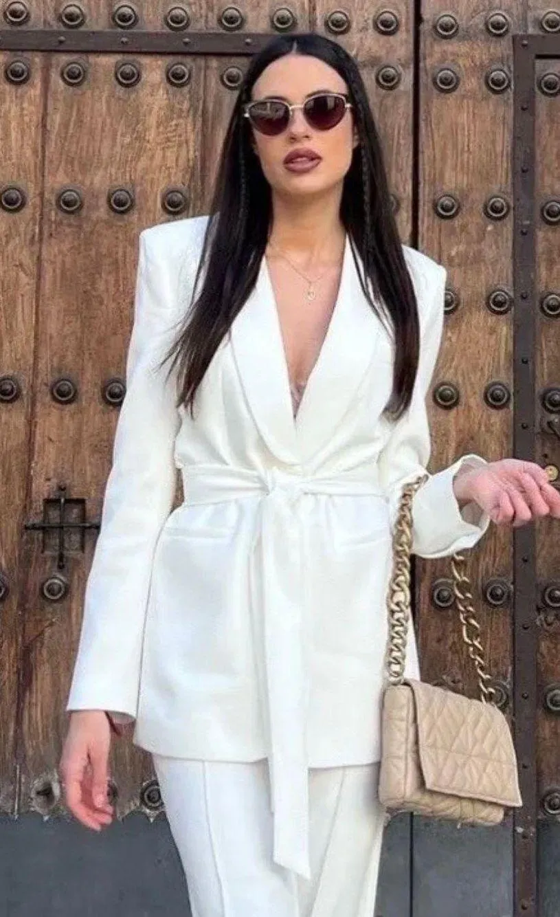 Tuxedo Blazer With Waist Tie Suit Jacket White - Image 11