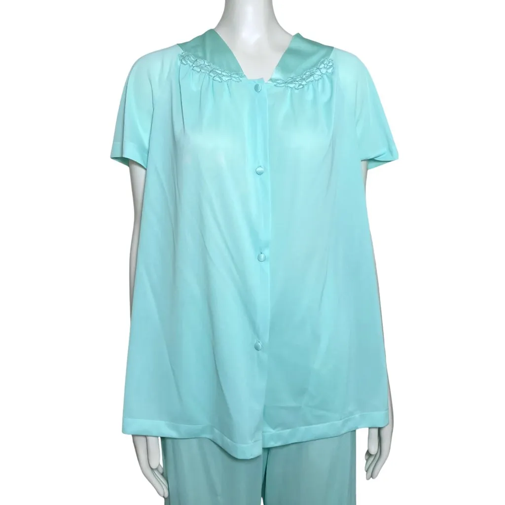 Vintage 70s Turquoise Vanity Fair Pajama Set S/M Retro Embroidered Floral Satin - Image 6
