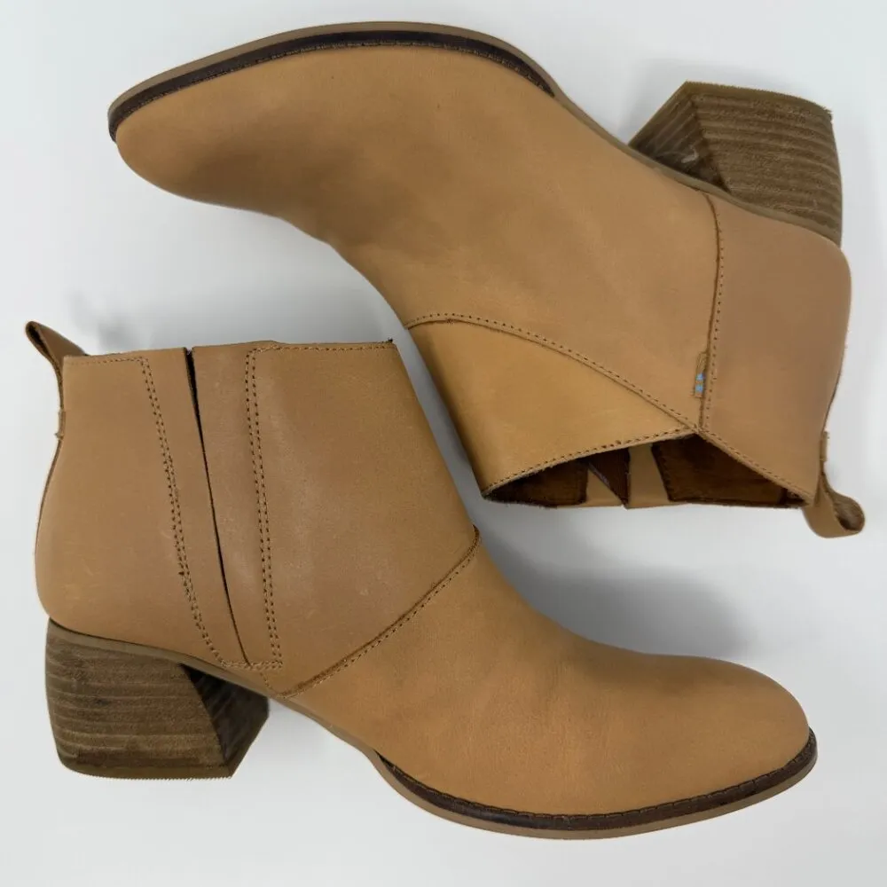 TOMS Leilani Ankle Booties Women's 8.5 Honey Brown Leather Heeled Comfy Block - Image 9