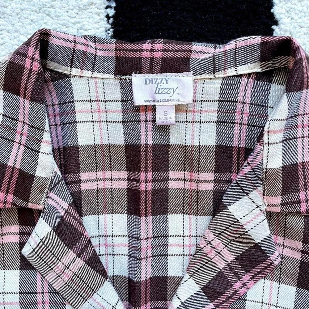 Dizzy Lizzy Brown Plaid Button Down Crop Top - Image 3