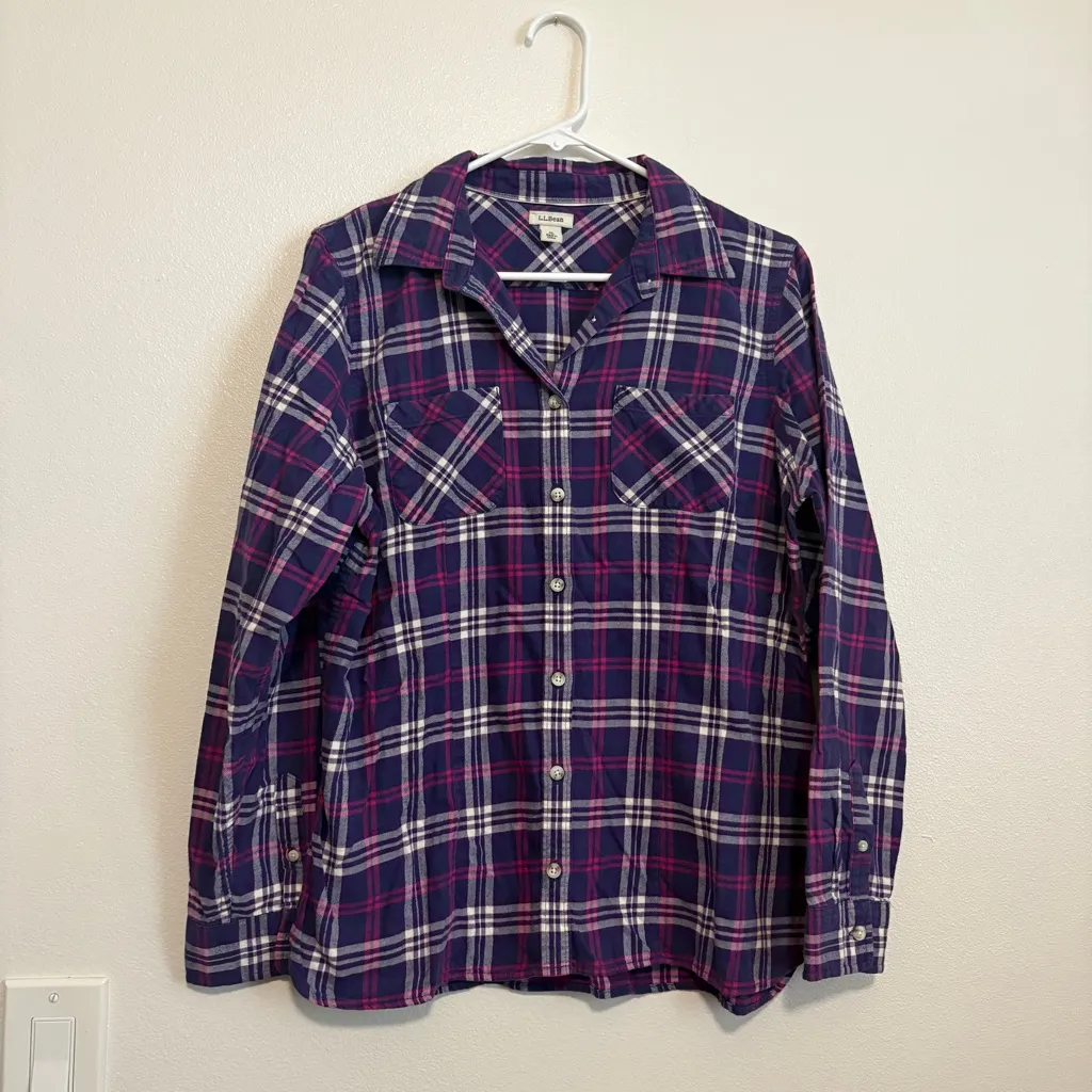 LL Bean Plaid Flannel Shirt Purple Pink Lumberjack Collared Button Up Women’s M Size M - Image 4