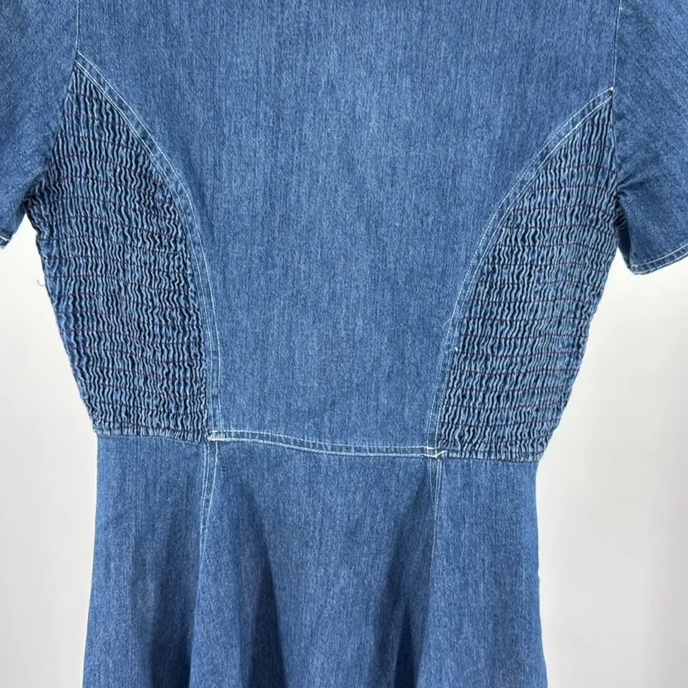 Dennis Goldsmith midi button front fit and flare denim ruched waist dress 4 Blue - Image 3