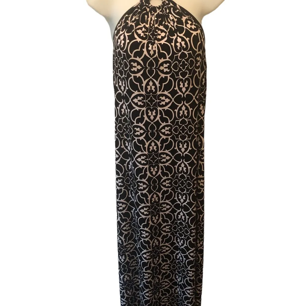 Y2K WHBM Keyhole Halter Top Maxi Dress M Black White Damask Print Slinky Summer - Image 3