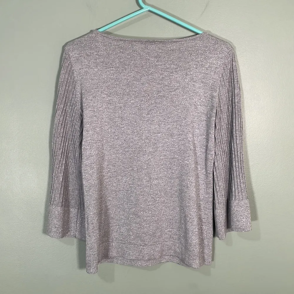 Talbots Metallic Silver Ribbed Long Bell Sleeves Pullover Knit Blouse size Small - Image 2