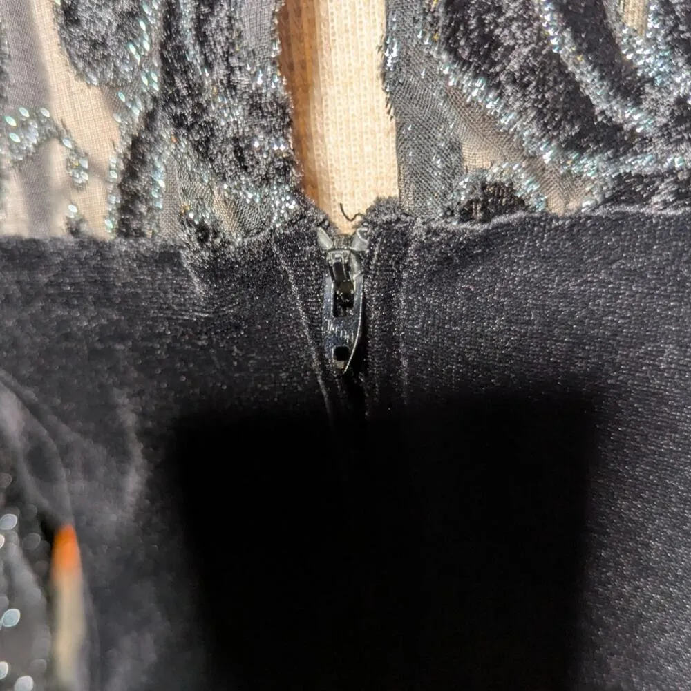 Vtg 1990s California Looks Black Velvet Sheer Damask Sleeve Mini Dress Sz 12 - Image 5