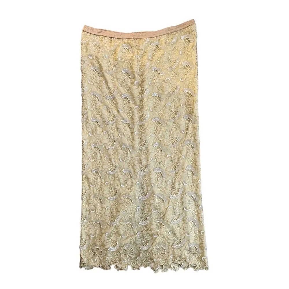 VTG Judith Ann Creations L Beaded Sequins Maxi Skirt Set Dress Formal Gold Ivory Size L - Image 4