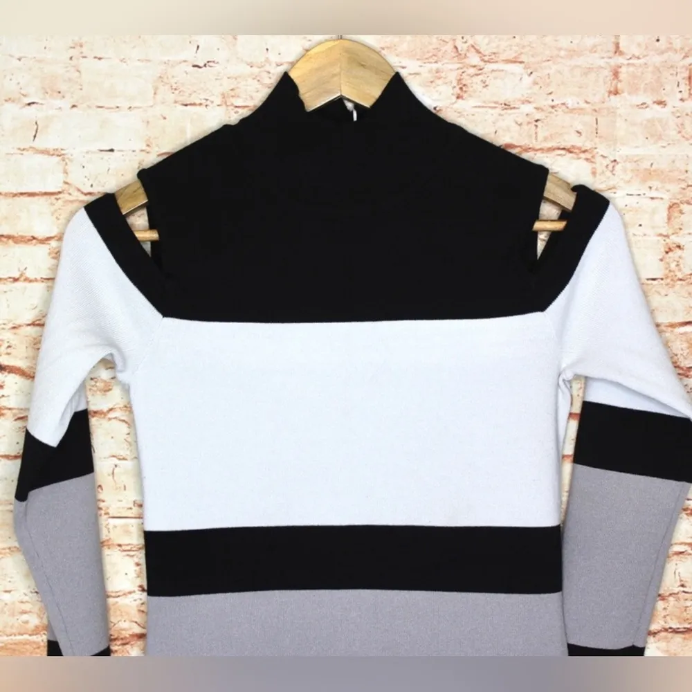 Vince | Cold Shoulder Black & Gray Striped Mock Neck Sweater - Image 2