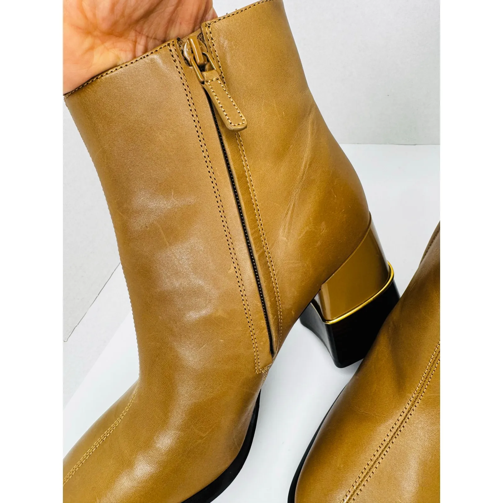 Tory Burch Tan Almond Leather Block Heel Ankle Boots Size 10 M Designer Booties - Image 5