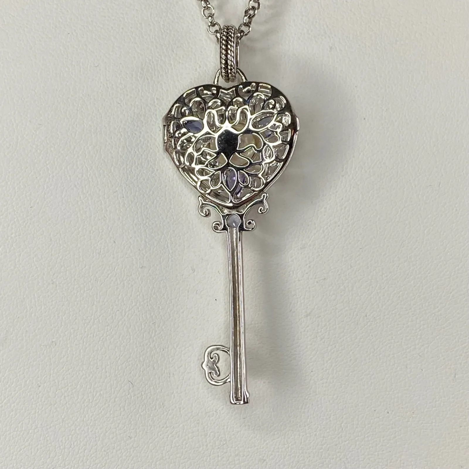 Heart Skeleton Key Locket Necklace Pendant Pearl & Tanzanite Sterling Silver New - Image 2