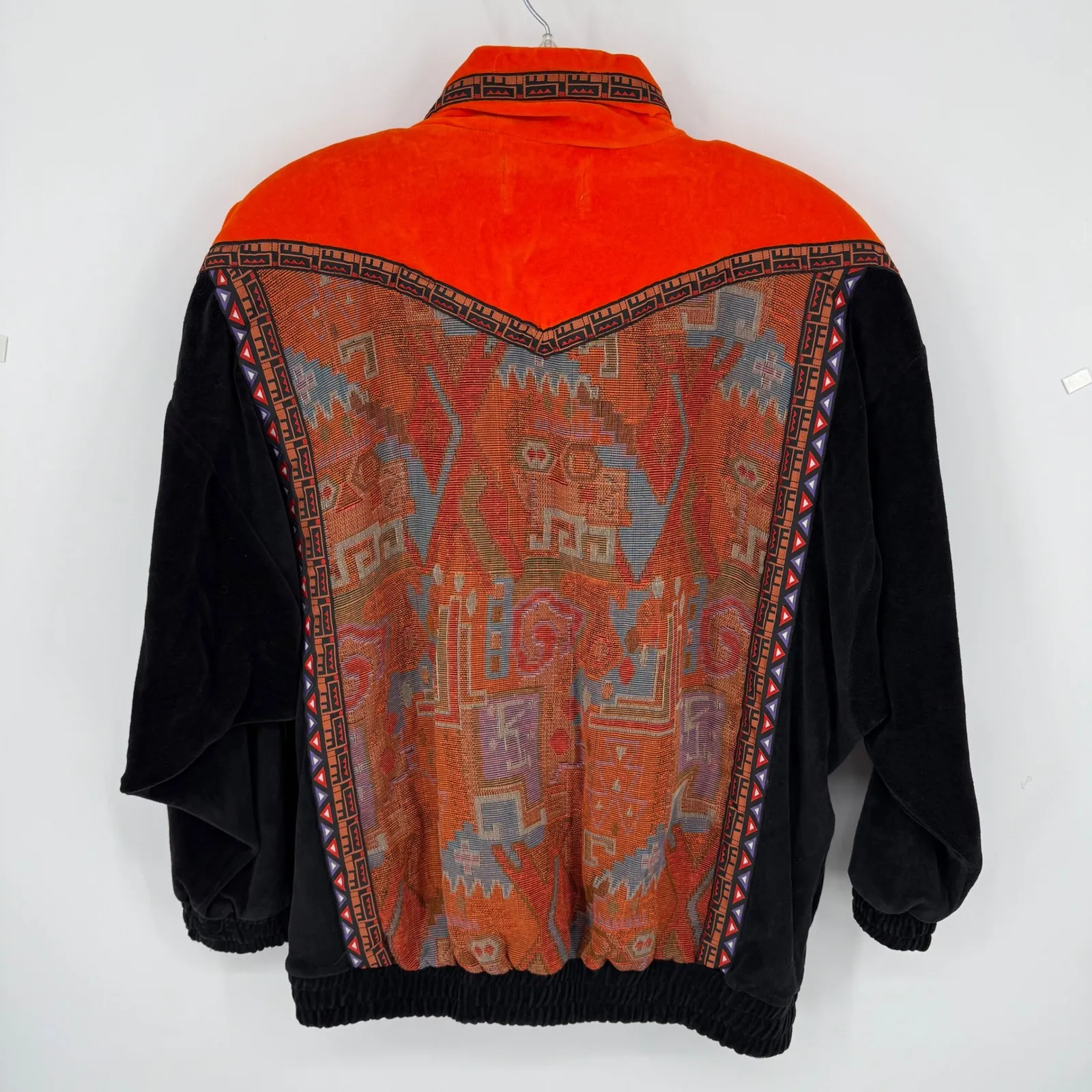 VTG Oleg Cassini Womens Jacket L Orange Black Velour Tapestry 80s Artsy Full Zip Size L - Image 3