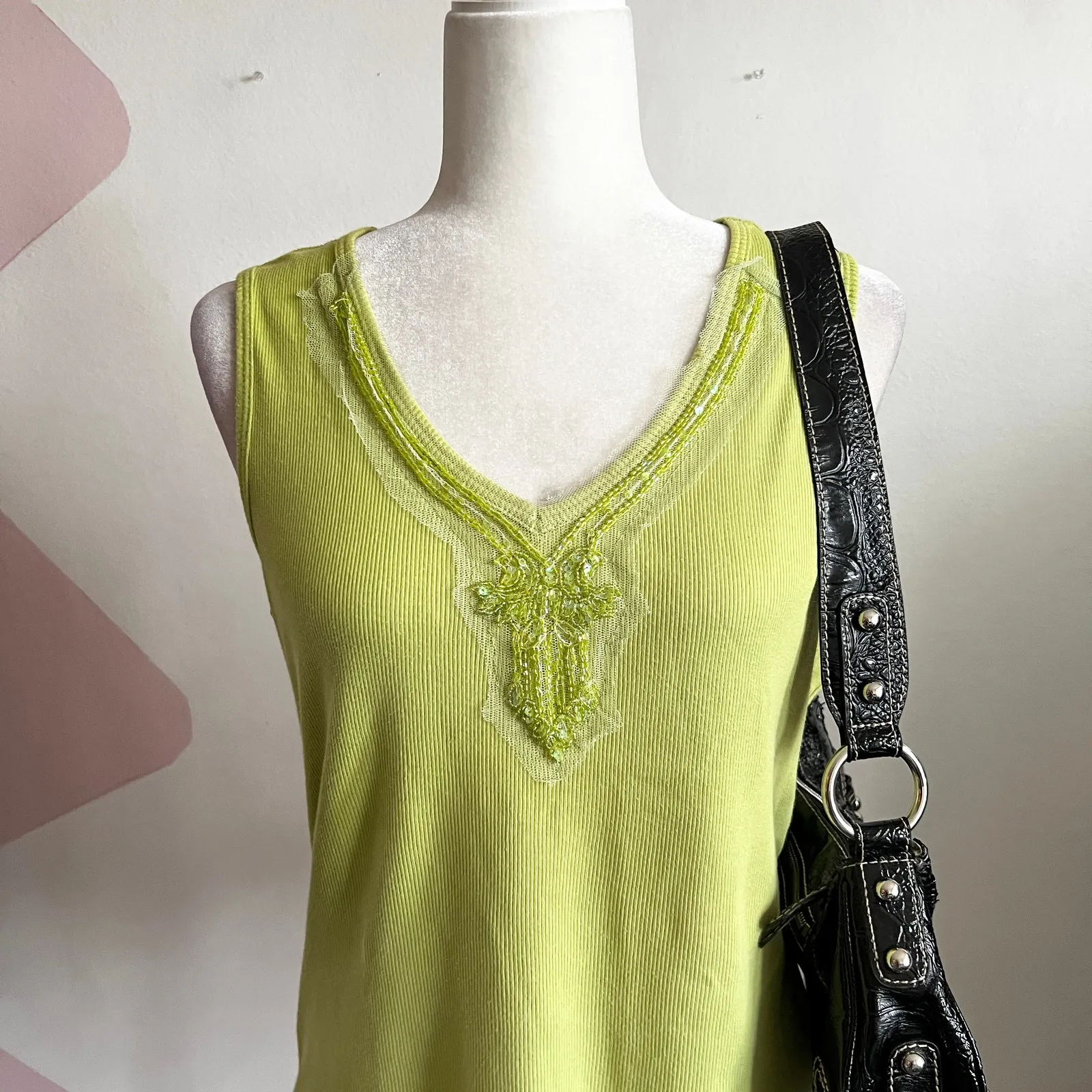 Green Lace Tank Top, Beaded Y2K Fairycore‎ 2000s Coquette Festival Medium - Image 2