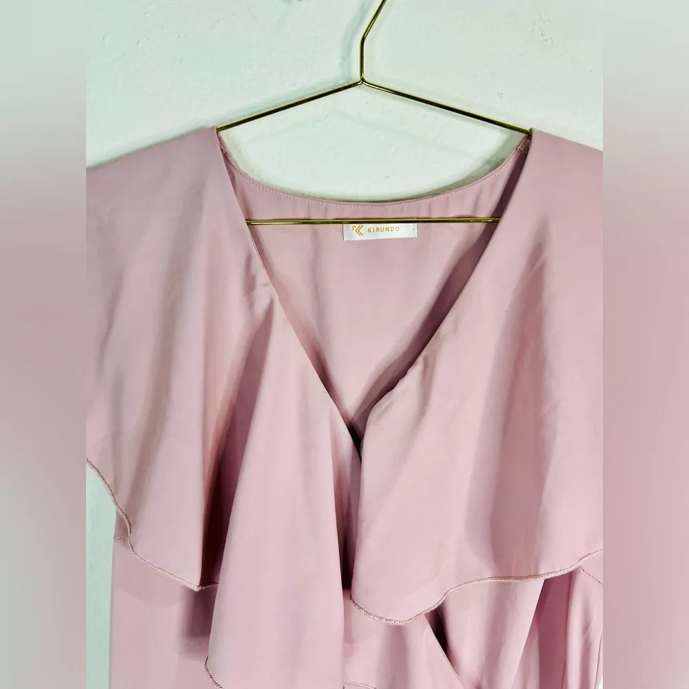 Kirundo Women’s Blush Pink Wrap Dress Large Ruffle Hem Tie Waist Summer Dress - Image 4