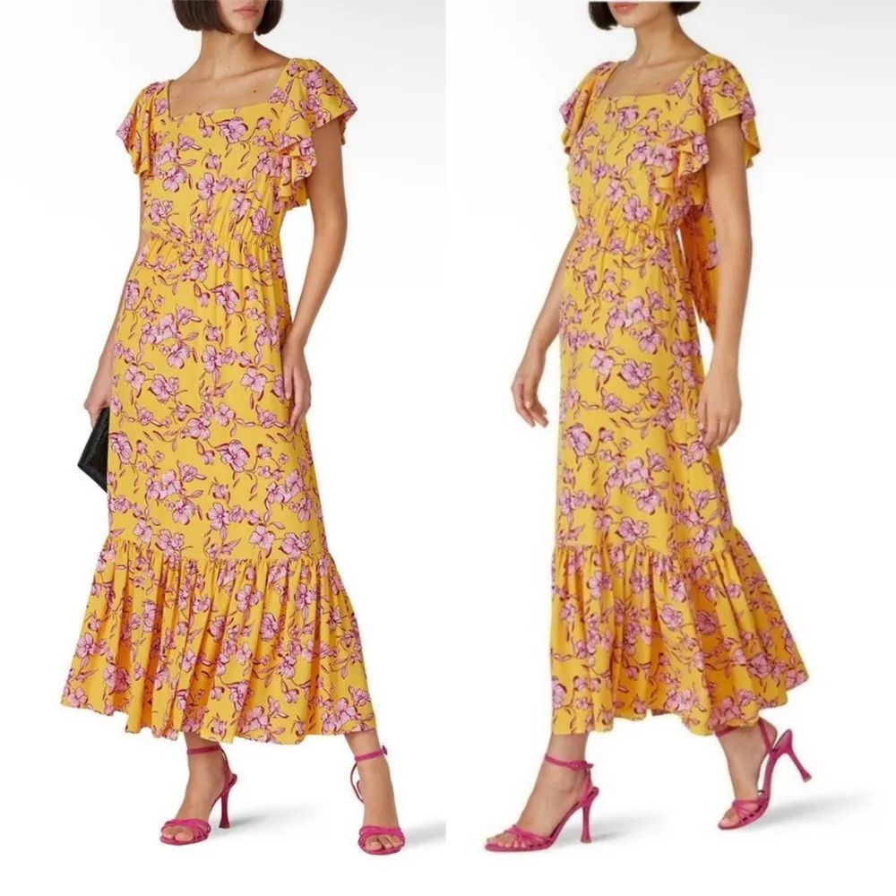 Sachin & Babi Yellow Flutter Sleeve Floral Print Maxi Dress Size 8 - Image 2