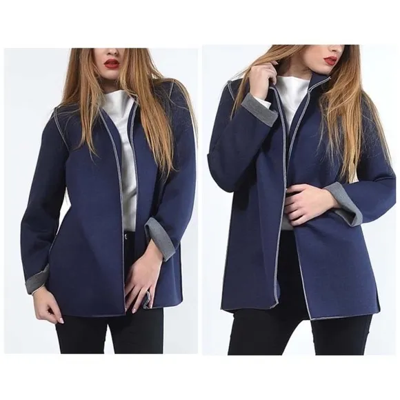 Lada Lucci Contrast Jacket Blue gray size Large Oversized open front NWT Luxury - Image 2