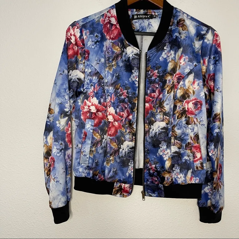Allegra K Women Stand Collar Zip Up Floral Print Bomber Jacket size M - Image 9