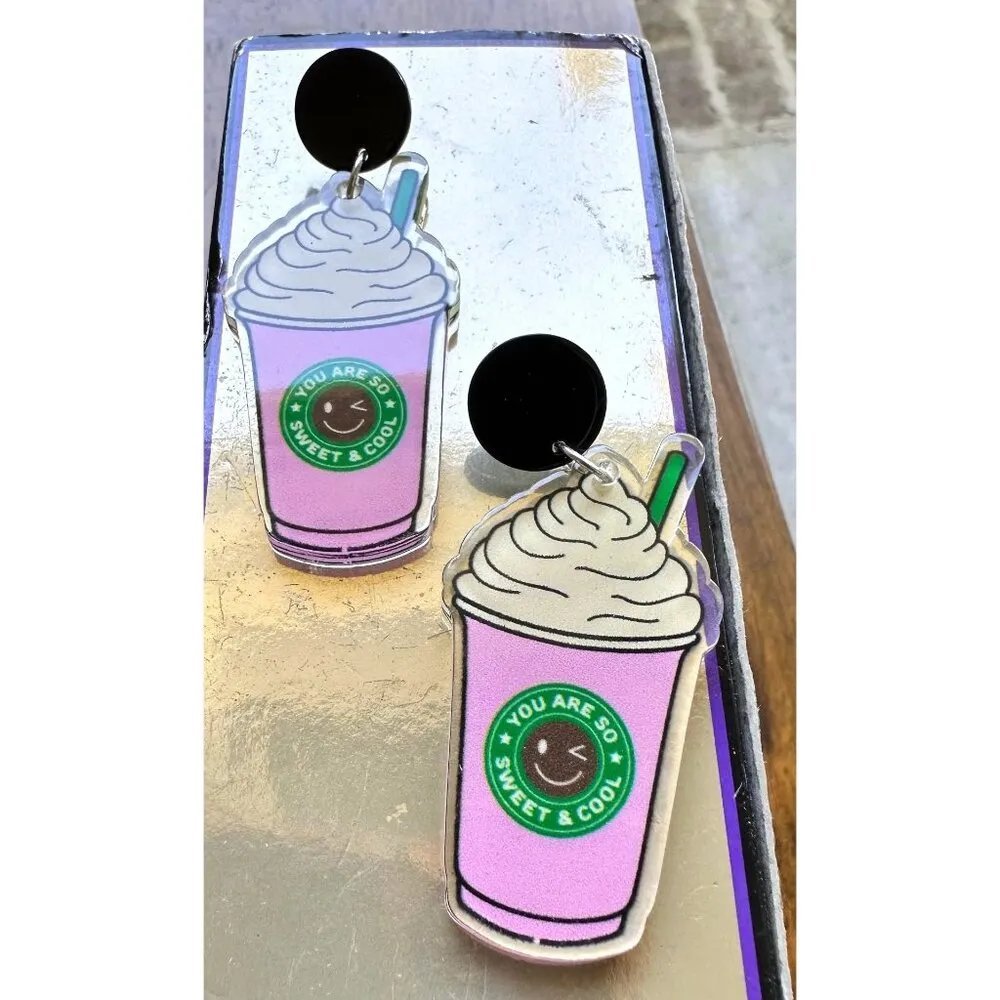 Cappuccino Coffee Earrings Pink Pup Cup Boat Drinks Cruise Vacation Sweet Cool - Image 2