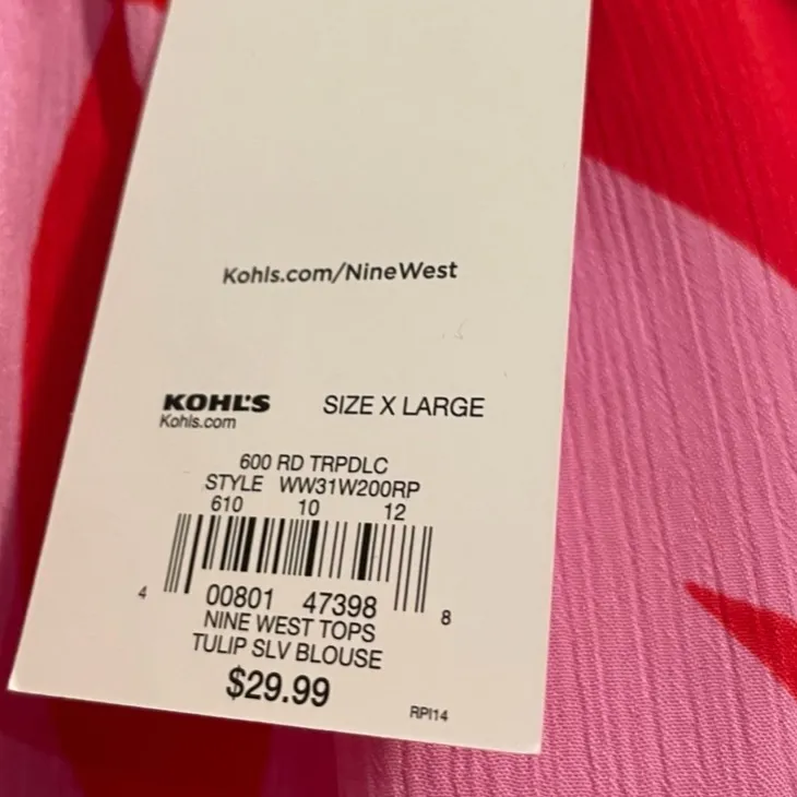 Nine West XL Top Blouse Tulip Sleeve Pink Red Floral Print - Image 3