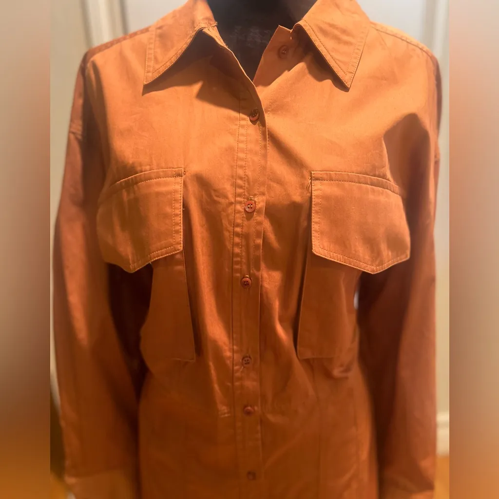 ZARA Poplin Shirt Open Back Utility‎ Mini Dress w/ Pockets in Tobacco Size Large - Image 15