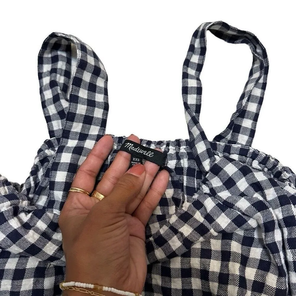 Madewell Cottagecore Gingham Ruffle Navy White Crop Top XXS - Image 3