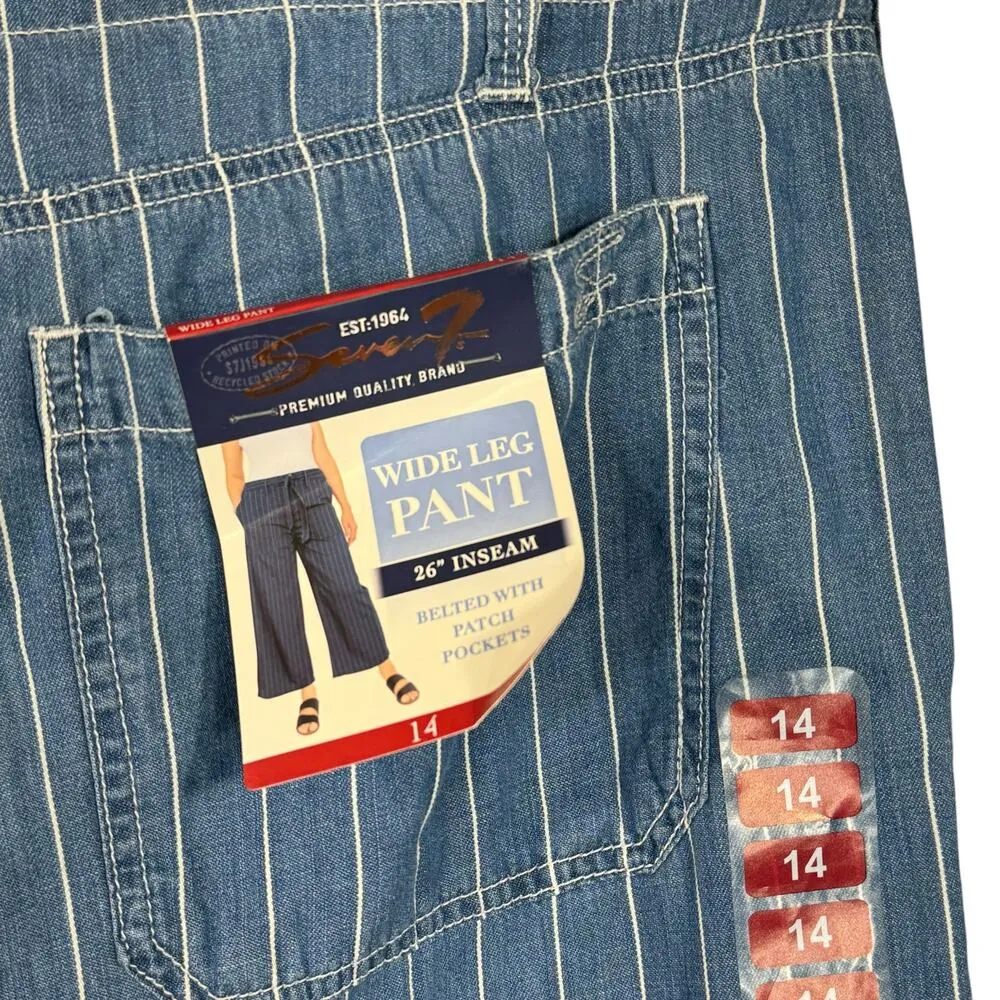 Seven7 SZ 14 Wide Leg Crop Pants Striped Chambray Pockets Hi-Rise Zip-Fly Blue - Image 6