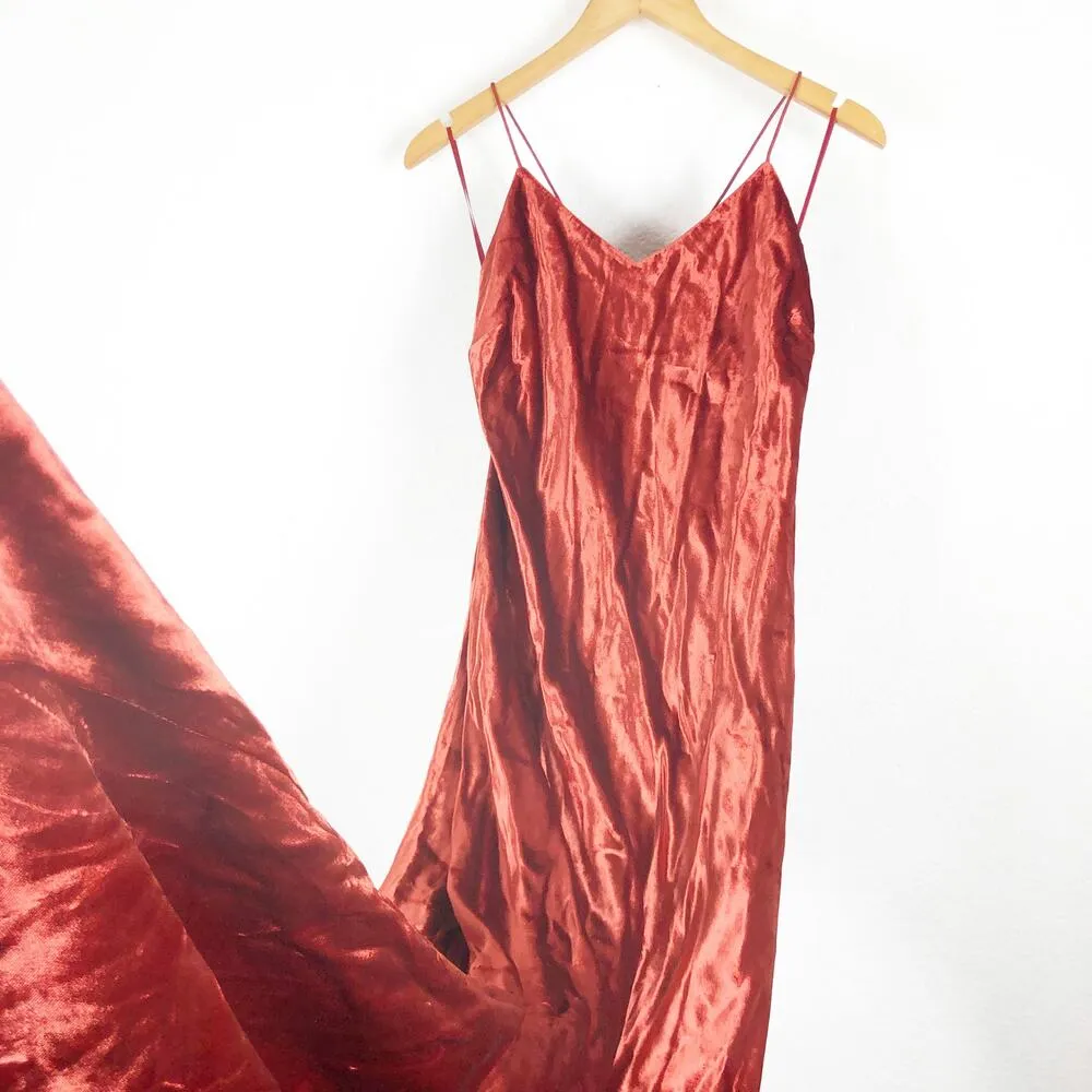 Mestiza New York Mara Red Rust Velvet Slip Open Back Cross Strap Gown Medium - Image 4