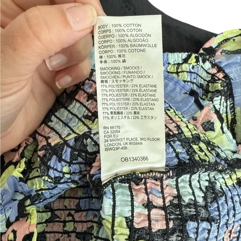 Free People Smocked Floral Puff Sleeve Top XS – Square Neck Black Multicolor - Image 12